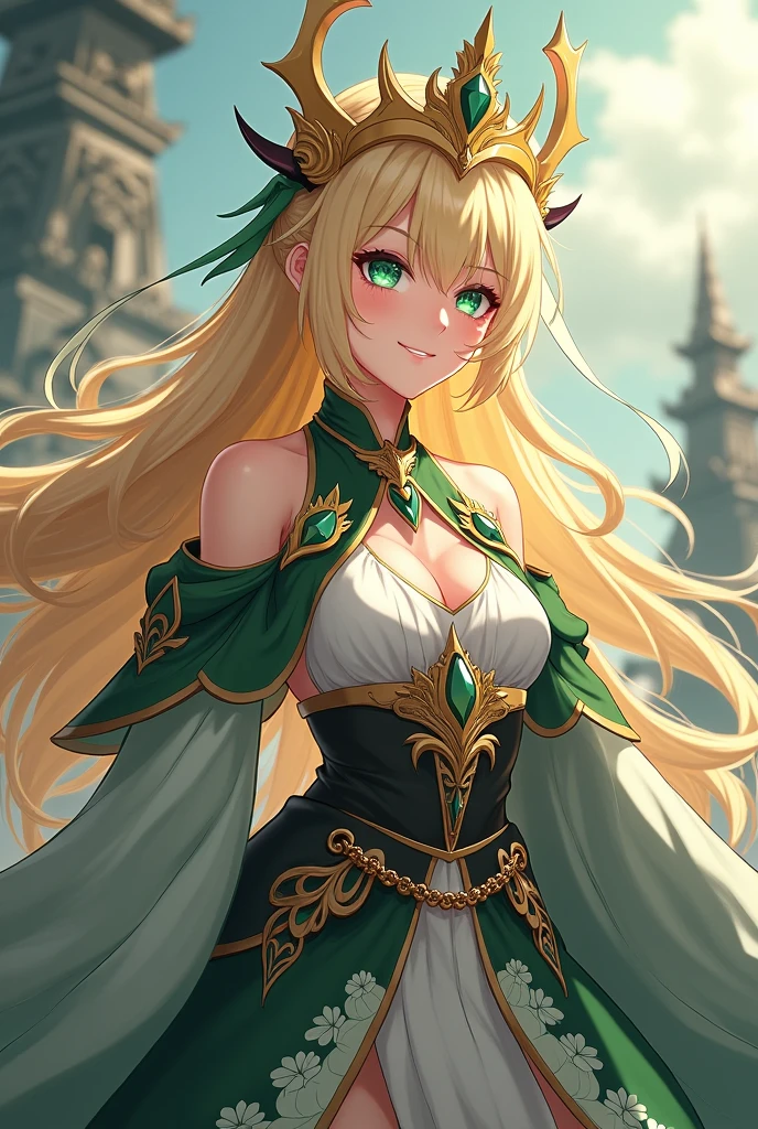Generate a character in the style of Genshin Impact with the following characteristics, very long blonde hair, green eyes, with a blow, queen costume, a friendly smile on his face and in battle pose