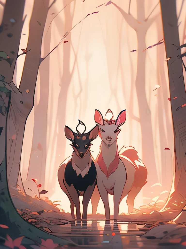 there are two deers that are standing in the woods, a detailed painting by Jin Nong, pixiv, sots art, fauns, brittney lee, laurie greasley and james jean, deers, in pink forest, in style of laurie greasley, jen bartel, pink forest, dreamy psychedelic anime, laurie greasley, beautiful illustration