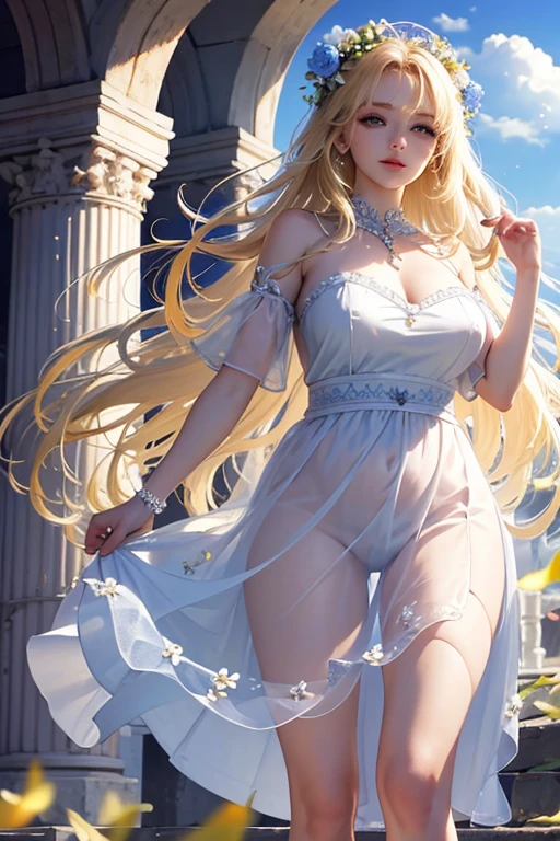 1girl, solo, full body, (masterpiece:1.21), (best quality:1.2), colorful, (illustration:1.2), (cinematic lighting:1.1), (bare shoulders:1.21), (collarbone:1.21) in this whimsical A beautiful and dreamlike garden, the scene is illuminated by a rainbow (colorful fireflies) dancing in the air. Pastel (drizzle) adorns the garden, creating a hazy and ethereal atmosphere. In the center of the picture, stands a single girl, an extremely beautiful girl, with lovely facial features and an innocent expression. Her long hair fluttered in the wind. She wore a low-cut strapless dress that accentuated her curves. The lighting is very delicate and beautiful, creating a soft warm glow that accentuates the water and makes it sparkle like a diamond. The finest grasses are also illuminated to create a lush carpet. The garden is surrounded by colorful flower fields with flowers of all colors and shapes. Various colors and sizes (coloured butterflies) can be seen flying around the scene, adding to the overall sense of wonder and magic. (Everyone, judges), a blush can be seen on the bridge of the nose, and the mouth is slightly opened, which adds to the overall sense of innocence and youth. Falling petals can be seen waving around her, adding to the overall sense of romance and beauty. The breeze is blowing, the leaves are rustling, and the flowers are swaying, adding to the overall dynamism and vitality. It is a scene of pure wonder and magic, full of color and beauty, where the viewer can lose themselves in this enchanting and captivating world.