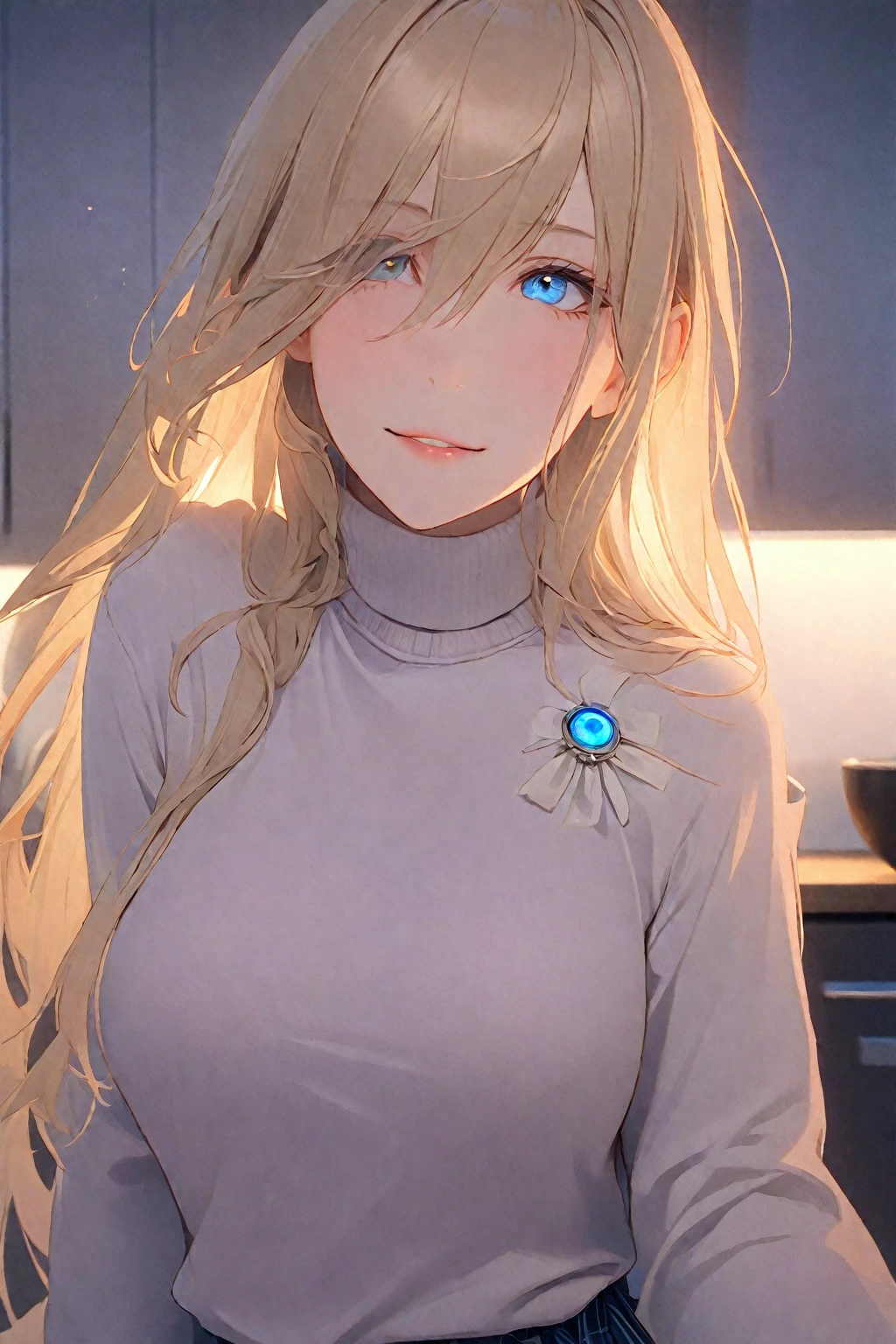long hair, (blue eyes:1.3), gold hair, hair between eyes, smile,
BREAK skirt, shirt, jewelry, school uniform, pleated skirt, necktie, striped, bracelet, sweater, plaid, plaid skirt, striped necktie, white shirt, collared shirt, (light brown sweater:1.2),
BREAK indoors, kitchen,
BREAK looking at viewer, (cowboy shot:1.5),
BREAK (masterpiece:1.2), best quality, high resolution, unity 8k wallpaper, (illustration:0.8), (beautiful detailed eyes:1.6), extremely detailed face, perfect lighting, extremely detailed CG, (perfect hands, perfect anatomy),