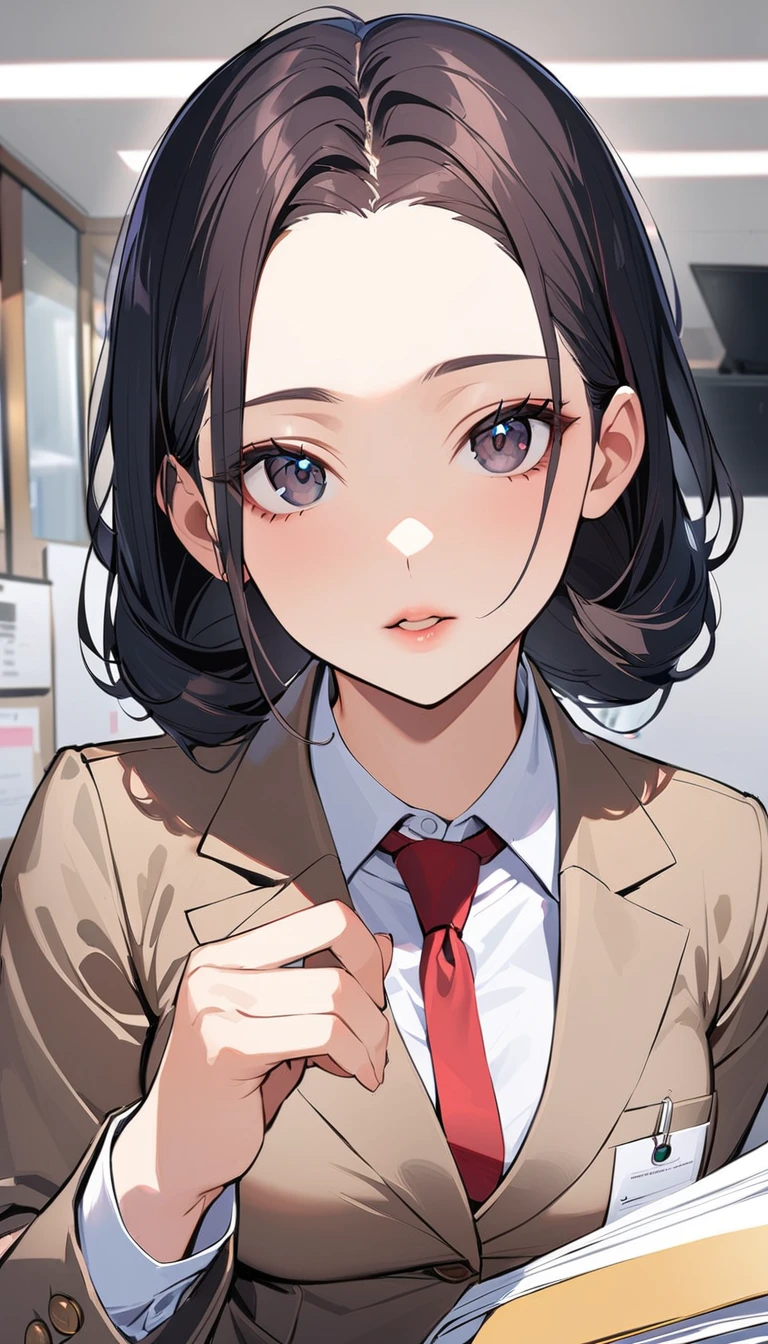 1female, solo, side parted hairstyle, black hair, black eyes, beige lips, 50 years old, wear a gray suit, see the documents at hand, company office, looking at viewer, opened mouth