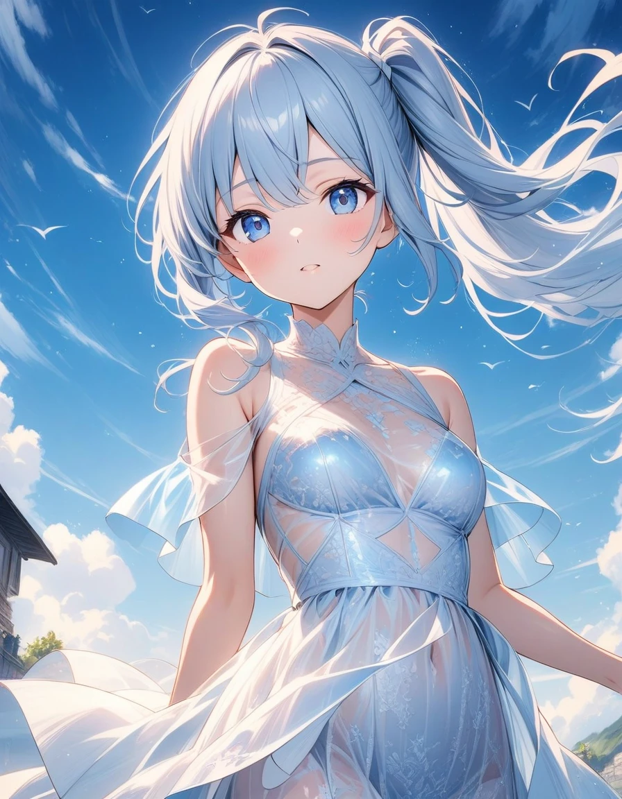 ((style:Colored pencil,pale colour)),(anime)、(masterpiece:1.2),Atmospheric perspective,Lens flare、(Empty Country)、(Princess)、Otherworldly fantasy、cute、Hair blowing in the wind、((A translucent lace dress that evokes the image of wind))、Clear blue sky、Light pours in from above、Very mysterious girl、Light effects、Sky blue and white gradient hair color、Side Ponytail、blue eyes、((A work that visualizes the wind))、Look up at the sky、close