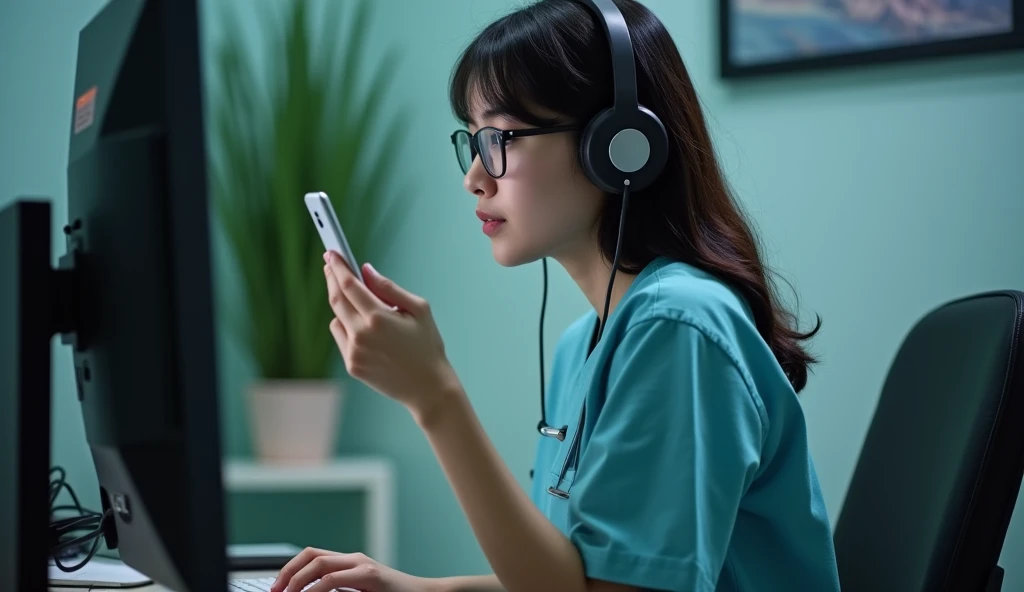 Create an image of an Asian female nurse who sexually harasses an online gambling addict,using phone