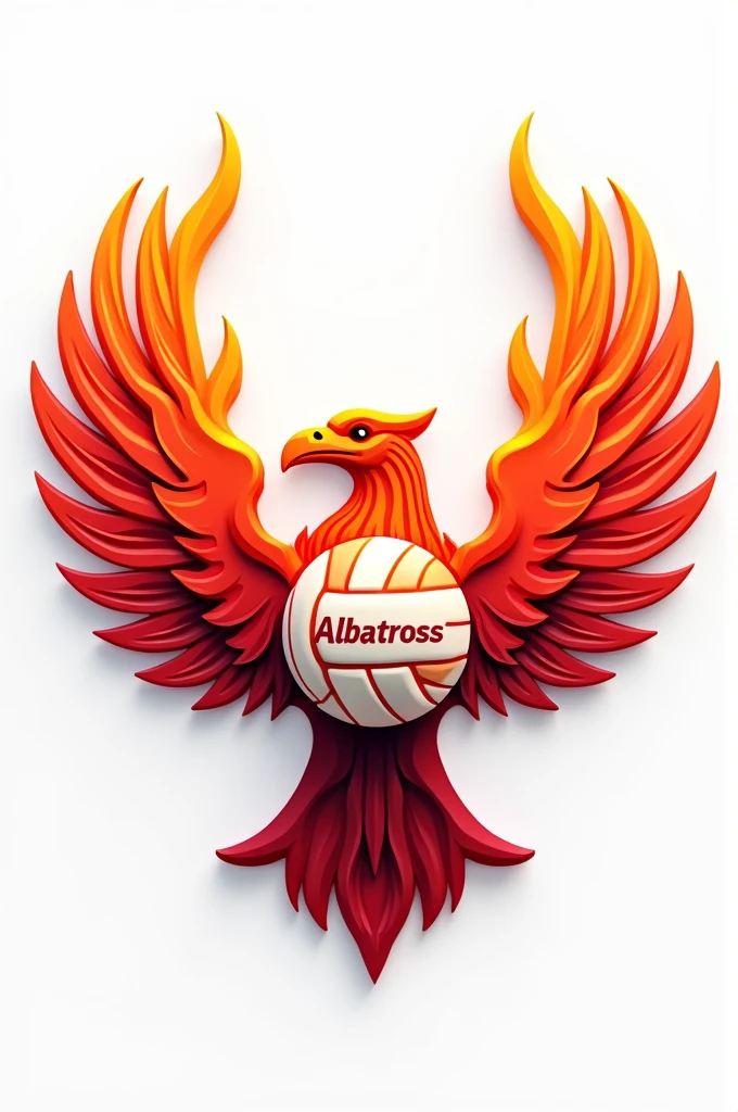 design a vibrant 3d volleyball club logo with a fire red ball and behind it are flaming bird wings. the middle part has ALBATROSS VC written on it. white logo background