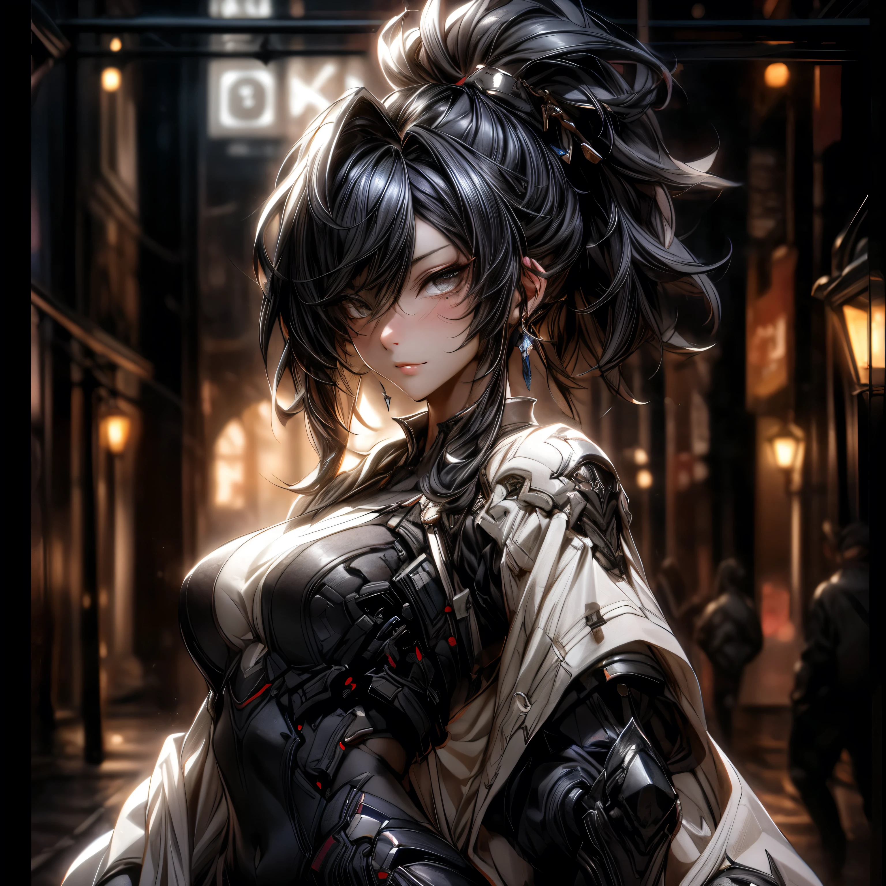 (best quality)), ((Masterpiece)), (details:1.4), 3d, HDR (high dynamic range), an image of a beautiful cyberpunk female, fantasy, Cyberpunk, Medieval, Black hair, Highi ponytail, Hips up, Beautiful white eyes, จมูกโด่ง, ปากแดง, หน้าอกใหญ่, nvidia RTX, PBR surface, After processing, Anisotropic filtration,depth of field, Maximum clarity and clarity, multi-layered surface, Subsurface scattering, perfect proportions, 8K raw files, ultra detailed, Perfect proportions, volumetric lighting, soft lighting, Holy Paladin, Heavy Black Armor, glossy skin, intricate silver embroidery, Black dress, Castle background, jewely, ต่างหู, นิ้วมือสมบูรณ์,