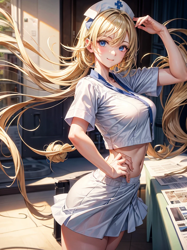 Anime style, super fine illustration, highly detailed, beautiful detailed, perfect detailed, super high quality image, static representation, gentle expression, happy expression, the pretty image, 8k, pretty 1girl with blonde straight short hair & blue eyes & a bright smile & full bust & soft fair skin is a female nurse not to show her skin wearing all white uniform & black pantyhose in the big general hospital, medical equipments, bed, solo, perfect fingers, no more fingers, no less fingers, perfect arms, no more arms, perfect legs, no more legs, no more hair, masterpiece.