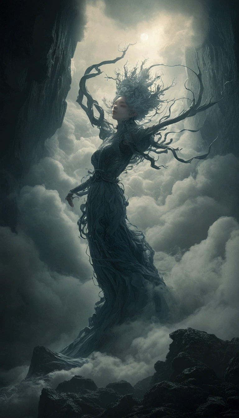 chiaroscuro technique on sensual illustration Illustration art, by IrinaKapi. Surrealism, vintage abstraction, girl with white raven and black roses, ultra details oh clothes, best quality, masterpiece, painting, concept art, emotionally, atmospheric, aesthetics of romanticism, represent transformation and the ability to see beyond the surface