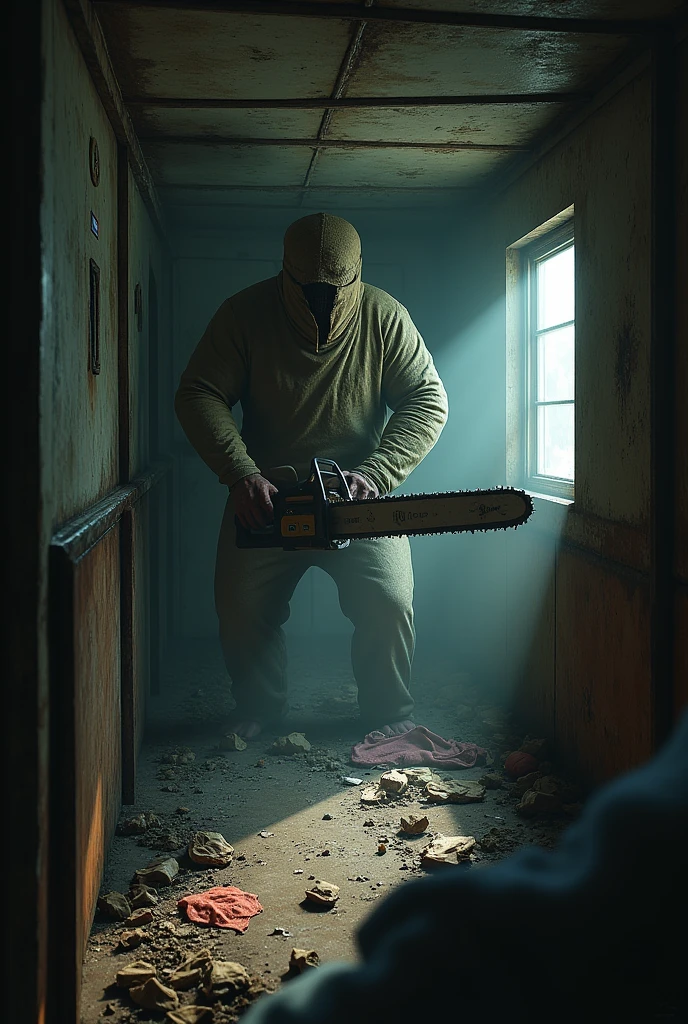 Abandoned cruise ship view from inside, FIRST PERSON PERSPECTIVE, Room with Monster with potato sack on his head and a chainsaw dripping blood