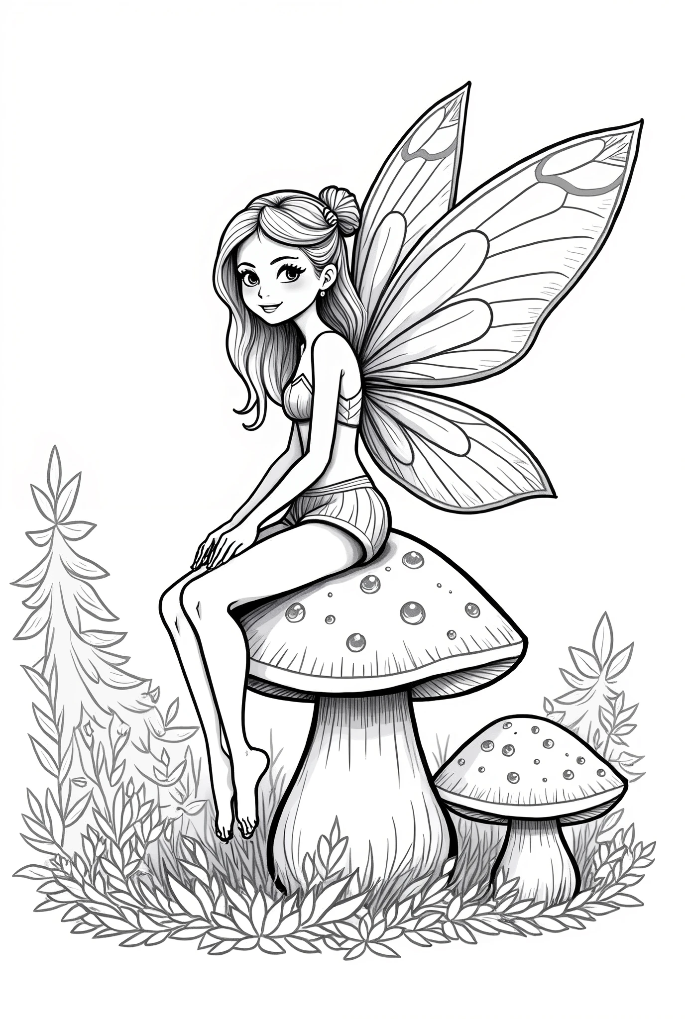 A graceful forest fairy with delicate wings sitting on a mushroom, for coloring pages, full white,clean line art, children's style, magic forest background, full body, Sketch style, playful style, childrens,coloring page, clean line art, white background, colouring page, clean outline