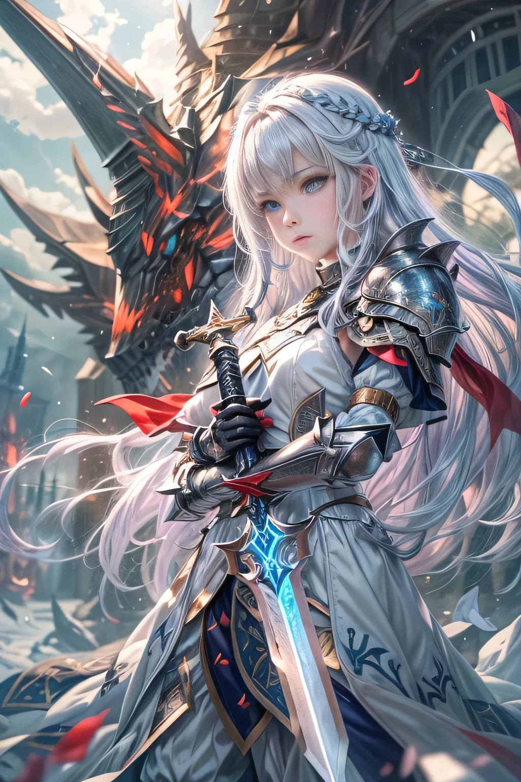A female knight recognized by the legendary holy sword Excalibur、With the protection of the spirit of light, it emits an aura of light.、8k.Half Russian and half Japanese、Russian face、beautiful girl、A princess with the title of Dragon Slayer、、Small face、Young face、Big eyes、Skinny、Small breasts、(((Silver Hair、Silver Hair)))、With bangs、(((High resolution big beautiful light blue glowing eyes, )))、Shortcuts、Bobcut、(((Red ribbon in hair、Floral decoration)))、Partially braided、Transforms into an armored knight at the call of the holy sword Excalibur.、Large sword、A holy sword that emits a pale blue light、((god々He holds up his sword, shining a deep blue, to the sky.))、god々A sword that shines brilliantly、Magic Sword Light Shield、Armor of Light、fantasy landscape、Fantasy、(Battle with the Dark Knight、Fighting the Demons、Fighting the beastmen)A dragon knight riding a flying dragon through the sky、The sword swings down, leaving a trail of light in its wake.