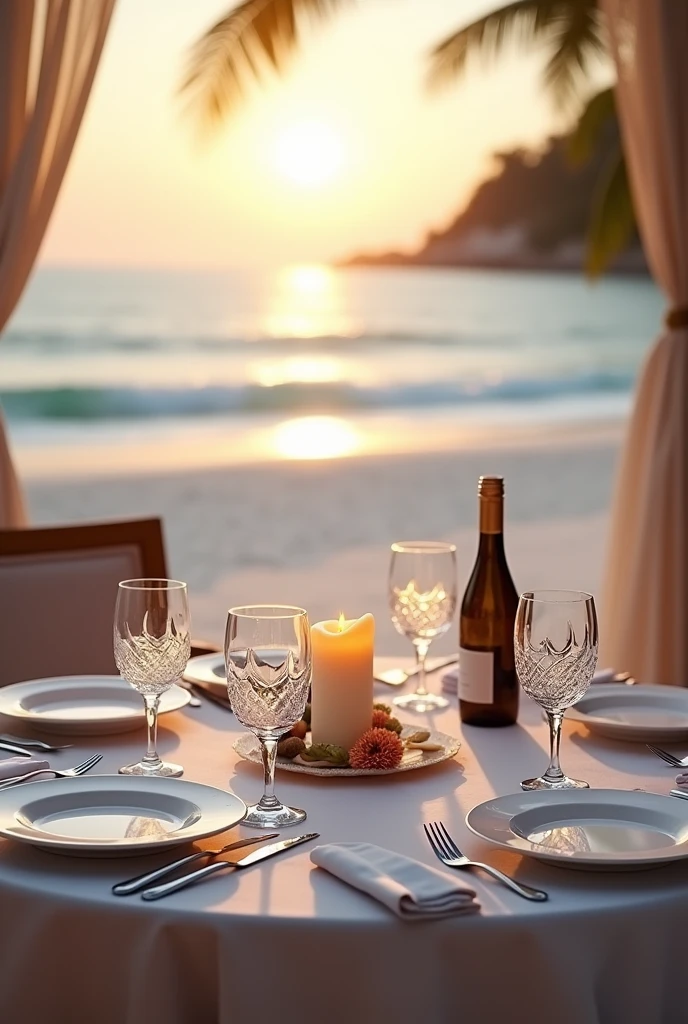 An elegant dining table with a beach view in the background. The table is decorated with western-themed tableware such as white porcelain plates., silver cutting tool, and crystal wine glasses. On the table are neatly folded linen napkins, a classically styled center candle, and a bottle of wine. Around the table, white sand beach and gentle waves can be seen clearly. The setting sun gives a warm and romantic atmosphere, reflecting golden color on the sea surface.