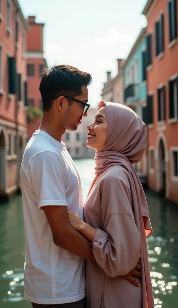 photo shoot scene, very high quality photos, handsome man from Indonesia and beautiful woman wearing a hijab, free posing in the city of Venice, romantic, vivid realistic visuals, cool and complex effects, looks real and perfect, UHD 64K, very dynamic, male wearing glasses, thin and tall, black hair, white t-shirt and shorts, beautiful woman wearing a hijab wearing more casual clothes