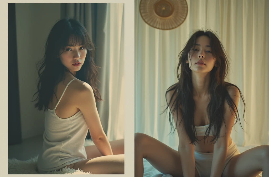 girl、 analog film photo, (Create a realistic and photorealistic photo image)、whole body、White tank top、White panties、Dimly lit place、Red light、Sitting、blur, tint, depth,