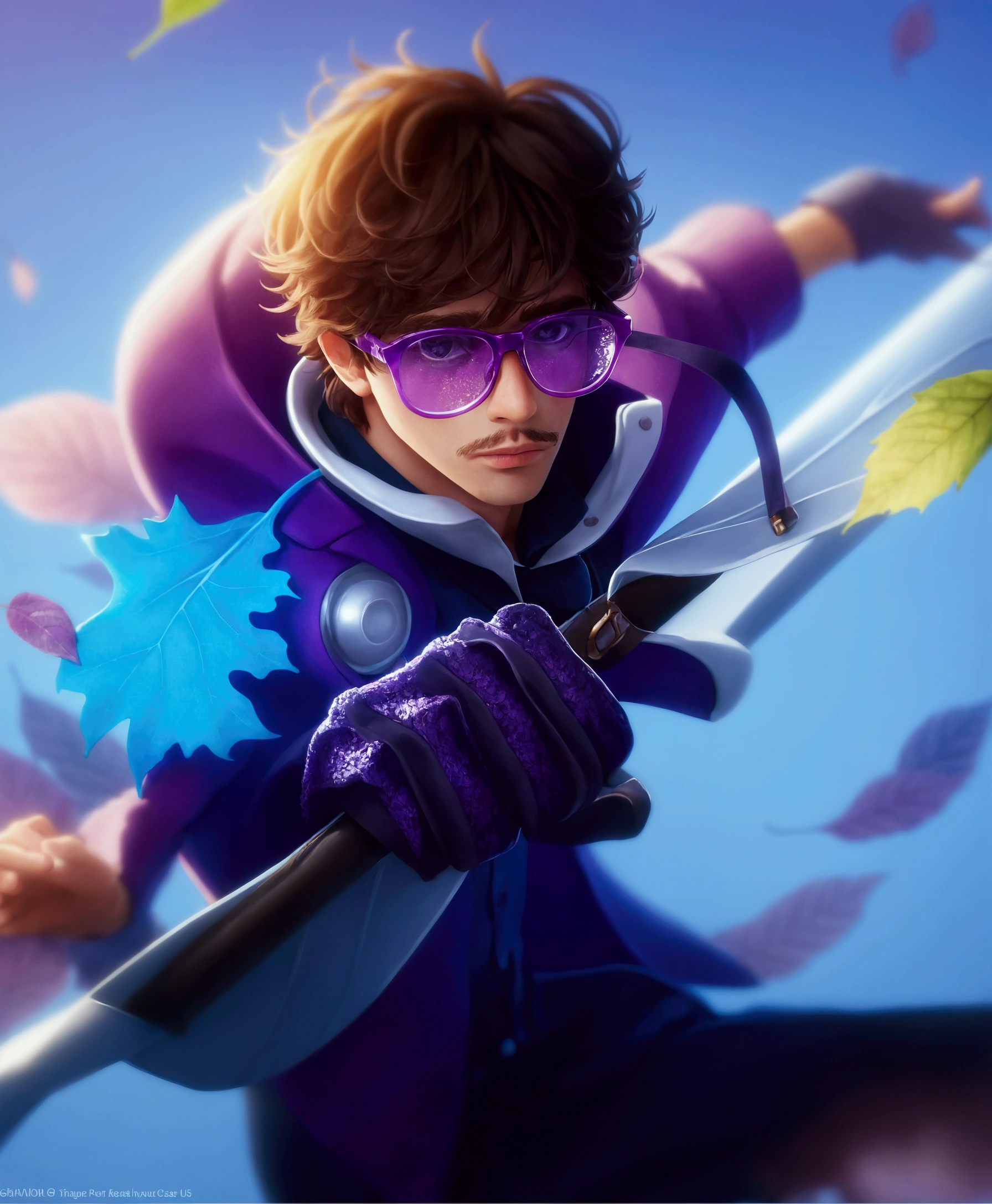 handsome man, wearing purple glasses, biting a leaf, brown hair, 8K, HD, the color doesn't change, 1 guy, best quality, detailed skin texture, detailed clothes texture