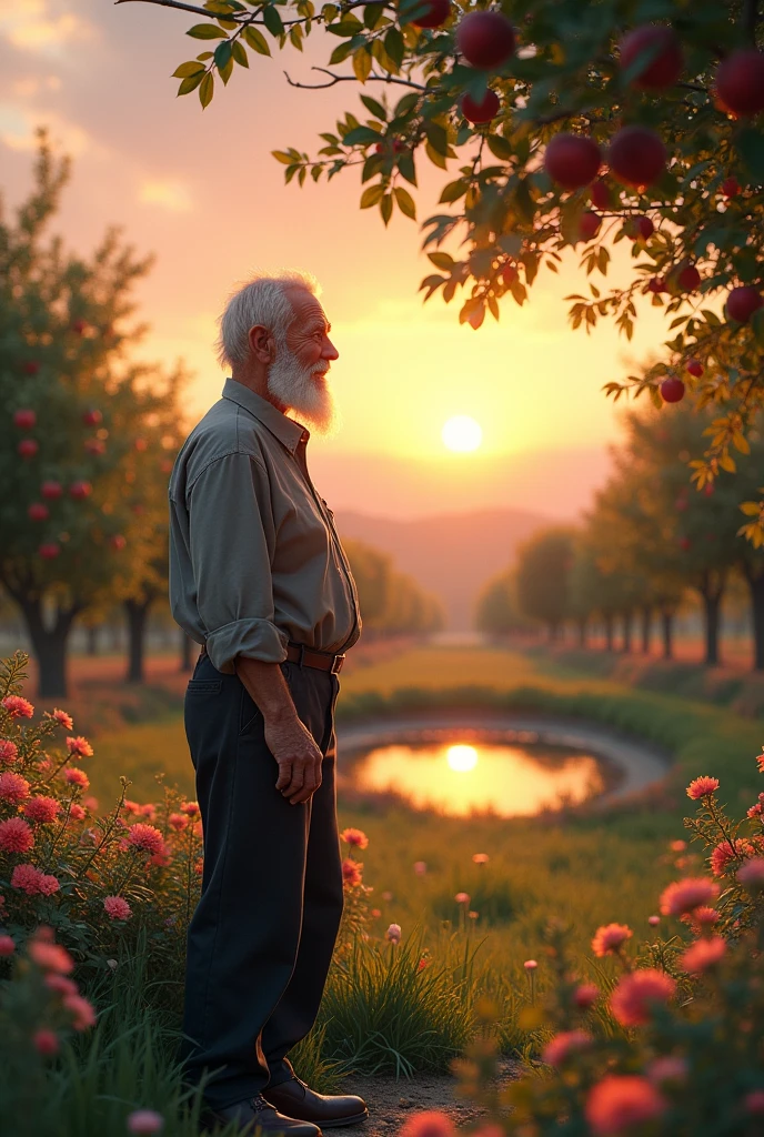 Imagine An elderly man with a white beard and hair, dressed in a grey shirt and black pants, stands amidst his expansive farm. Apple and peach trees stretch across the landscape, and a large pond, adorned with blooming flowers, lies in the distance he is walking towards it . As the sun sets, the sky is painted with warm hues, and a gentle breeze rustles through the trees, creating a serene and picturesque scene.