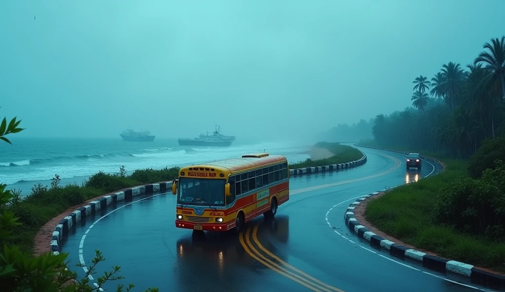 YOUTUBE THUMBNAIL FOR VIZAG BEACH ROAD. COOL and vibrant , ships in the beach colours COLOURS, It is raining, WRITE CAPTION ON THE GENERATED IMAGE . Bus on the beach road, U shape curve. Write Tittle ( VIZAG BEACH ROAD)