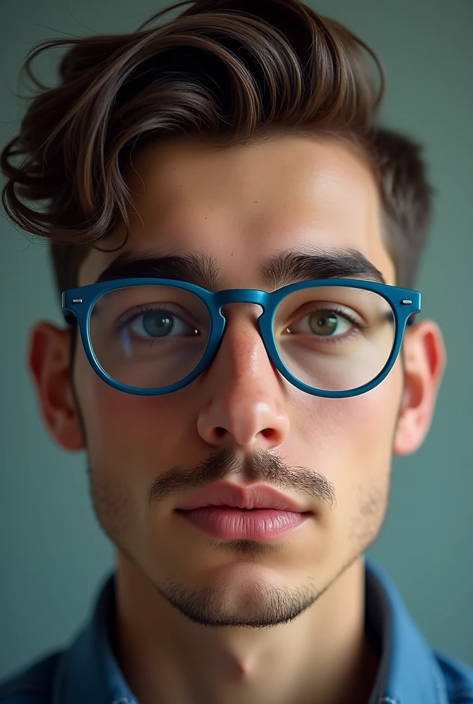 An 1 man who looks young with a mustache that is just coming out and has blue glasses