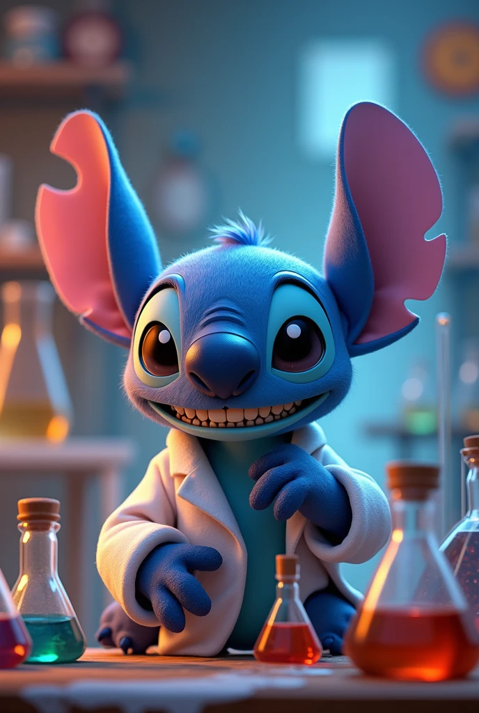 Stitch in a lab coat and an experiment 

