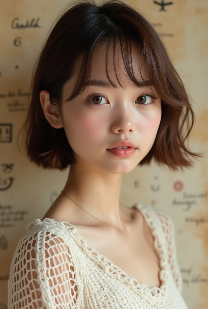 Short hair and white summer knit, summer knit, short hair, short hair with bangs, girl with cute face, cute fine face in portrait, French bob, pale fair skin!!, short brown hair and big eyes, soft portrait shot 8 k, beautiful light big eyes, beautiful young girl, young girl in a bob cut, best image quality, masterpiece, notes of Leonardo da Vinci da Vinci, Leonardo da Vinci's manuscript as a background