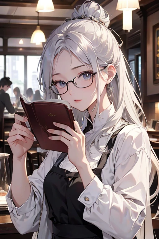 Highest quality, High resolution,thin、expensive、Silver Hair、（expose forehead:1.7)、(semi-long:1.3),Hair Bun、(Cafe:1.4)、Black blouse、Glasses、Open a book、Holding a book in one hand、Looking at this