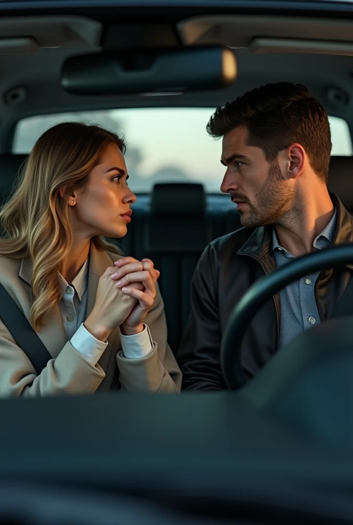 Image of a woman nervously speaking to her husband in the car. She should be showing a mix of hesitation and resolve, while the husband displays concern and shock. Make hyper realistic,4k and make it more real