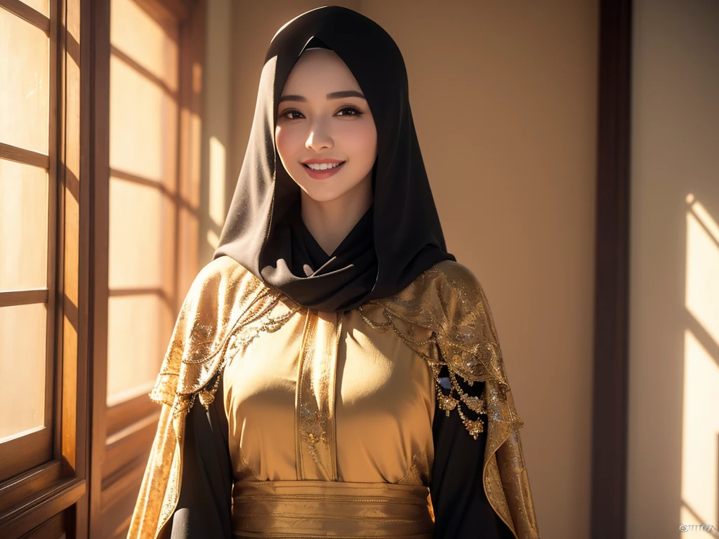 1girl, gorgeous Indonesian woman, silk abaya, hijab, smiling, shy, opened mouth, visible teeth, hot mom, full body portrait, (best quality,4k,8k,highres,masterpiece:1.2),ultra-detailed,(realistic,photorealistic,photo-realistic:1.37),HDR,UHD,studio lighting,ultra-fine painting,sharp focus,physically-based rendering,extreme detail description,professional,vivid colors,bokeh,portraits,warm color tones,dramatic lighting