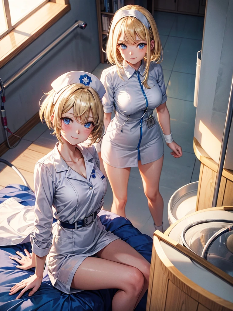 Anime style, super fine illustration, highly detailed, beautiful detailed, perfect detailed, super high quality image, static representation, gentle expression, happy expression, the pretty image, 8k, pretty 1girl with blonde straight short hair & blue eyes & a bright smile & full bust & soft fair skin is a female nurse not to show her skin wearing all white uniform & black pantyhose in the big general hospital, medical equipments, bed, solo, perfect fingers, no more fingers, no less fingers, perfect arms, no more arms, perfect legs, no more legs, no more hair, masterpiece.