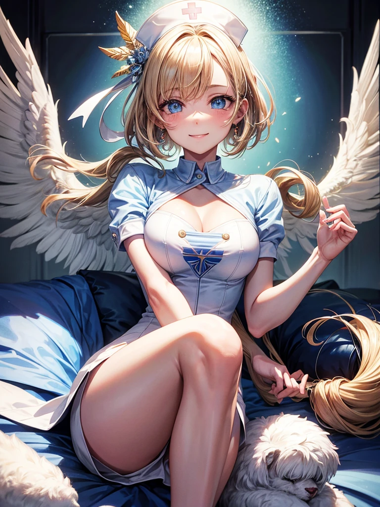 1girl, colorful theme, ,(best quality, high quality, high resolution), realistic, ultra-detailed, highly detailed face features, absurdres, realistic lighting and reflections, highly detailed face features, see through shirt, best photo,high quality illustration,full-length, HQ Artstyle, ,petitgirl with blonde twin tail,Night Park,Angel wings flutter,Sitting,Side angle,Blue Eyes,smile,Reach out,,light up,,Angel Hagoromo,Upper Body,Cute pose,Laughing with your mouth open,((5 years old)),((Half naked)),((See-through clothing))