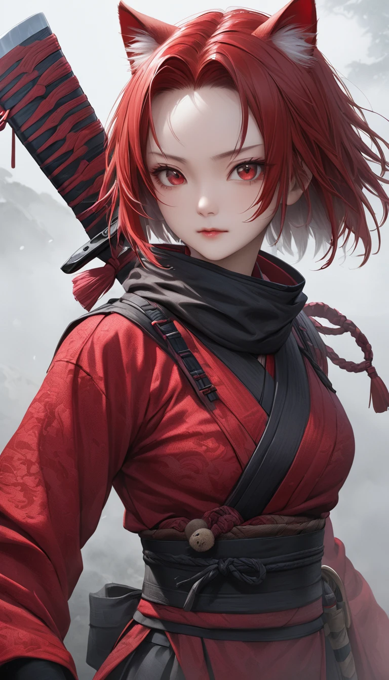 high resolution。Beautiful Face。cowboy shot。Realistic skin texture。Realistic fabric texture。forehead。A woman in scarlet ronin clothing。Red Short Hair。Cat ear。 A world of thick fog,。knife。Red Eyes。Cat's Eye Woman。clothes are blowing in the wind。alone。Grin。