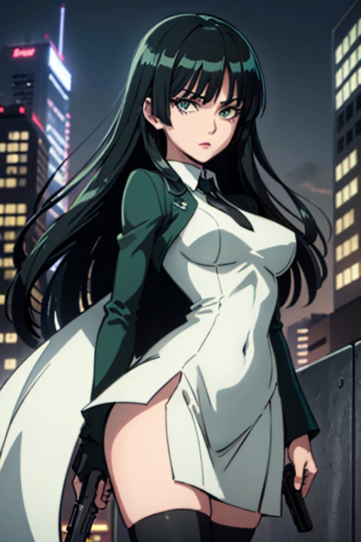 Highest quality、Ultra HD、One Woman、(Dark green long hair 1.3)、(White Suit 1.3)、(White tight skirt 1.3)、(Black tie)、(Black loafers 1.1)、((tall))、((1 who has a gun.2))、(Large Breasts)、(Black knee-highs 1.2)、(Beautiful face with sharp eyes 1.2)、40-year-old woman、Slender body、(Night city background 1.2)、((Clear and beautiful touch))