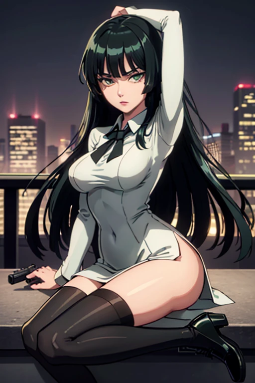 Highest quality、Ultra HD、One Woman、(Dark green long hair 1.3)、(White Suit 1.3)、(White tight skirt 1.3)、(Black tie)、(Black loafers 1.1)、((tall))、((1 who has a gun.2))、(Large Breasts)、(Black knee-highs 1.2)、(Beautiful face with sharp eyes 1.2)、40-year-old woman、Slender body、(Night city background 1.2)、((Clear and beautiful touch))