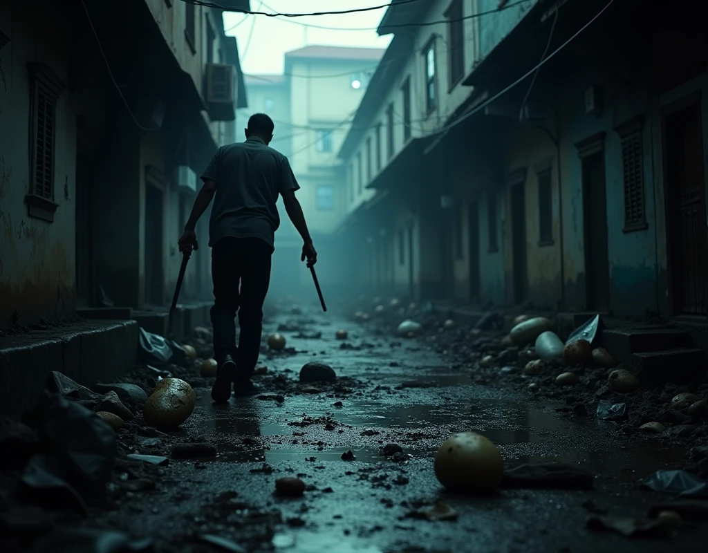 a gruesome crime scene, detailed police investigation, gritty slum area of jakarta, dark moody atmosphere, dramatic lighting, high contrast, cinematic composition, photorealistic, 8k, chiaroscuro, gloomy, somber, muted colors, cool tones, cinematic camera angle, suspenseful, high drama, mystery, tension, intrigue, skilled photomanipulation, hyper-detailed, hyper-realistic