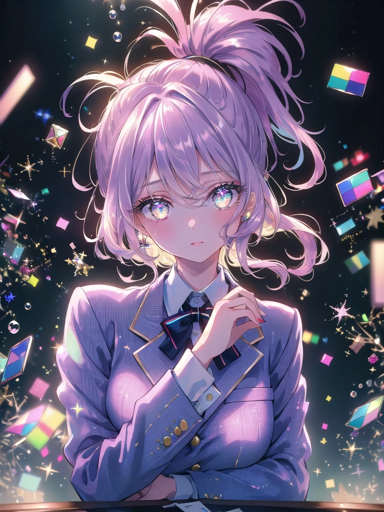 ((8k, Highest quality, masterpiece: 1.3)),Ultra-high resolution,(1 girl, alone), (Color changing eyes, Ultra-detailed, Expressive brilliance, Glitter, Glowing Eyes), Highly detailed eyes, Highly detailed face, Random Hair, ((pastel colour))The woman is in a conference room, seated at a large table with a group of colleagues. In front of her is a notepad filled with meeting notes, and a glass of water. She’s wearing a smart, tailored blazer over a blouse, with her hair styled in loose waves. She glances at the camera with a thoughtful expression, her lips slightly pursed as if she’s deep in thought or considering a point raised in the discussion.