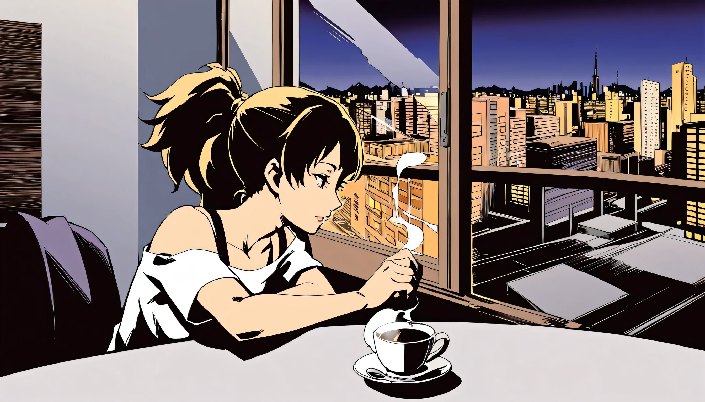 An anime-style illustration captures a serene moment of coffee time. The scene features a young woman relaxing by the window. A single white coffee cup is placed on the table, with steam rising from the hot coffee, indicating its warmth. The woman is drawn in the characteristic style of manga artist Hisashi Eguchi, with her long hair tied back in a ponytail and wearing a relaxed, off-shoulder top. The background shows a window overlooking a nighttime cityscape, where the vibrant city lights create a dynamic yet calming atmosphere. The focus is on the coffee cup, highlighting its simplicity and the comforting ambiance it brings. The overall mood of the illustration reflects a quiet and relaxing coffee break, enjoying the view of the city at night.

