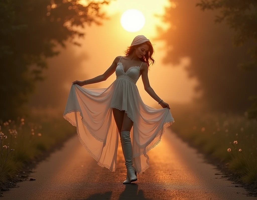 (Photorealism:1.2), Beautiful woman, Brown hairstyle, on the road, elegant dress with a white scarf on her head, White peasant style, Dark and gloomy atmosphere, Pose sideways, facing the ground, dress, Realist, Intricate details, Warm color environment, Lifting up her dress and showing her beautiful legs, Very bright sun in the background, Sensual pose, pose like a top model, High boots and mini skirt,
