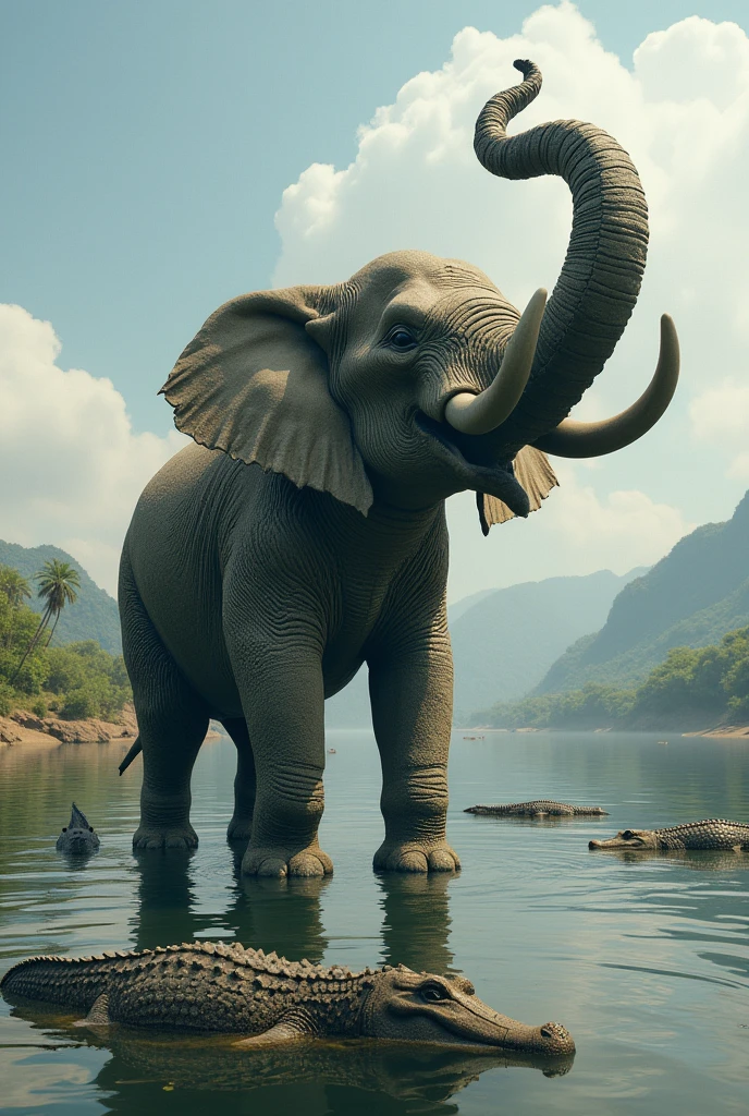 (photorealism:1.2), elephant of stone looking to the sky  crossing swiming water river with crocodriles
