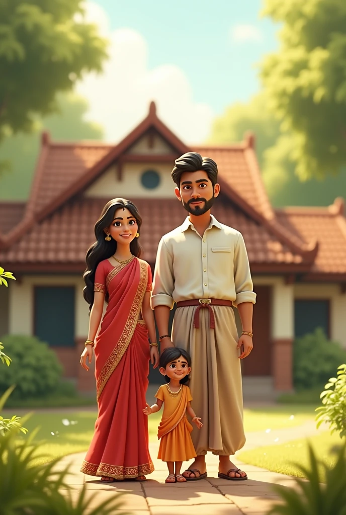 A beautiful bunglow and 4 feet high woman wearing a sari and handsome husband holding hand their son and annoying cute 4 year daughter happy family