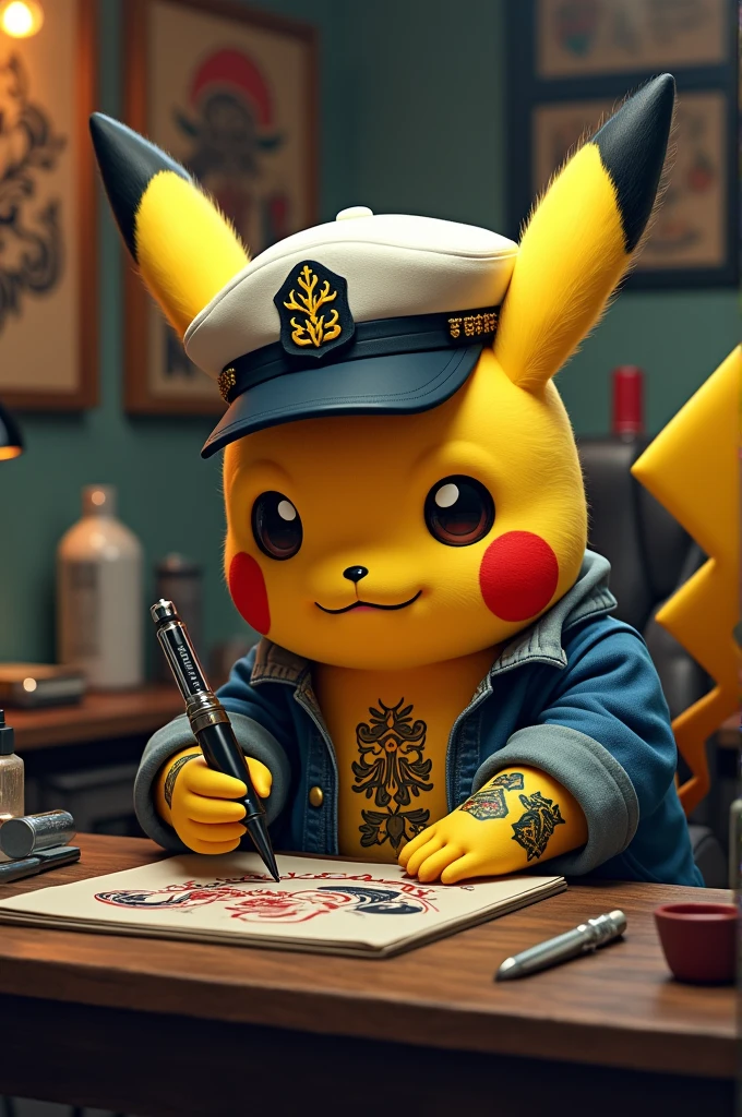 Pikachu with captain&#39;s cap with tattoos and with clothes doing tattoos