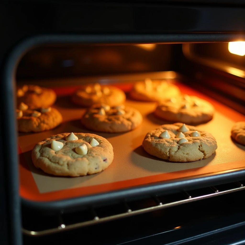"Macadamia white chocolate cookies baking in a black modern oven with no items on top, illuminated by orange lighting, no people present, focused on the cookies. The cookies are baking on a silicone mat placed on an oven tray."