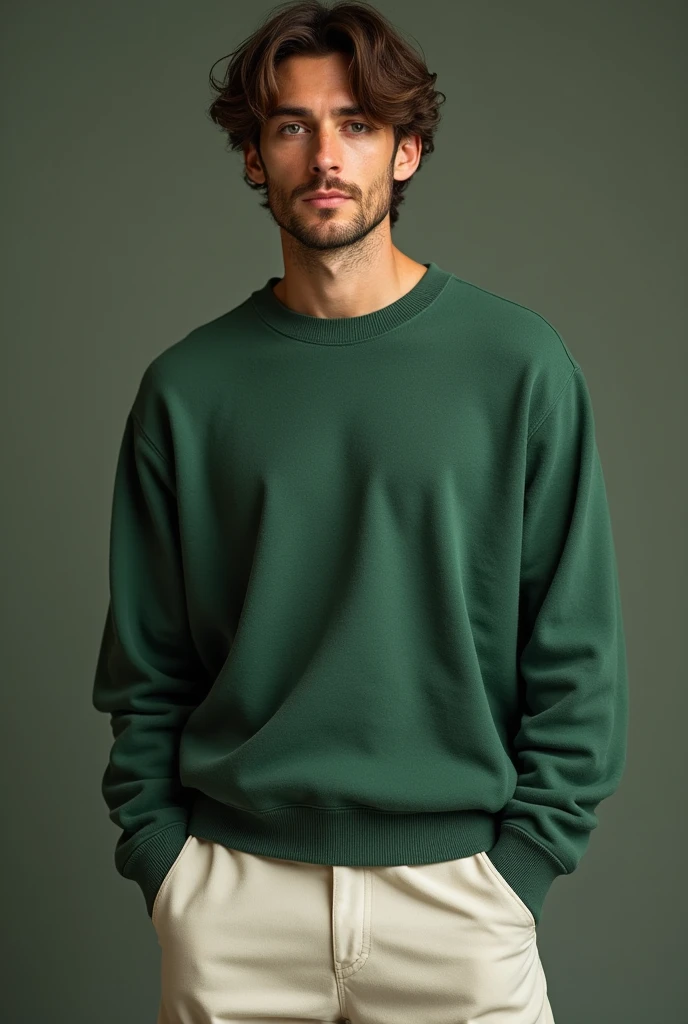 Man with brown hair with fair skin with green eyes tall and disheveled hair wearing white baggy pants and a green sweater