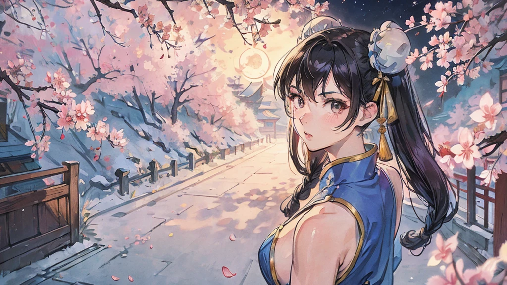 Street Fighter Chun-Li anime Cherry Blossoms at Night Looking Back moon China dress human 1 person Person big