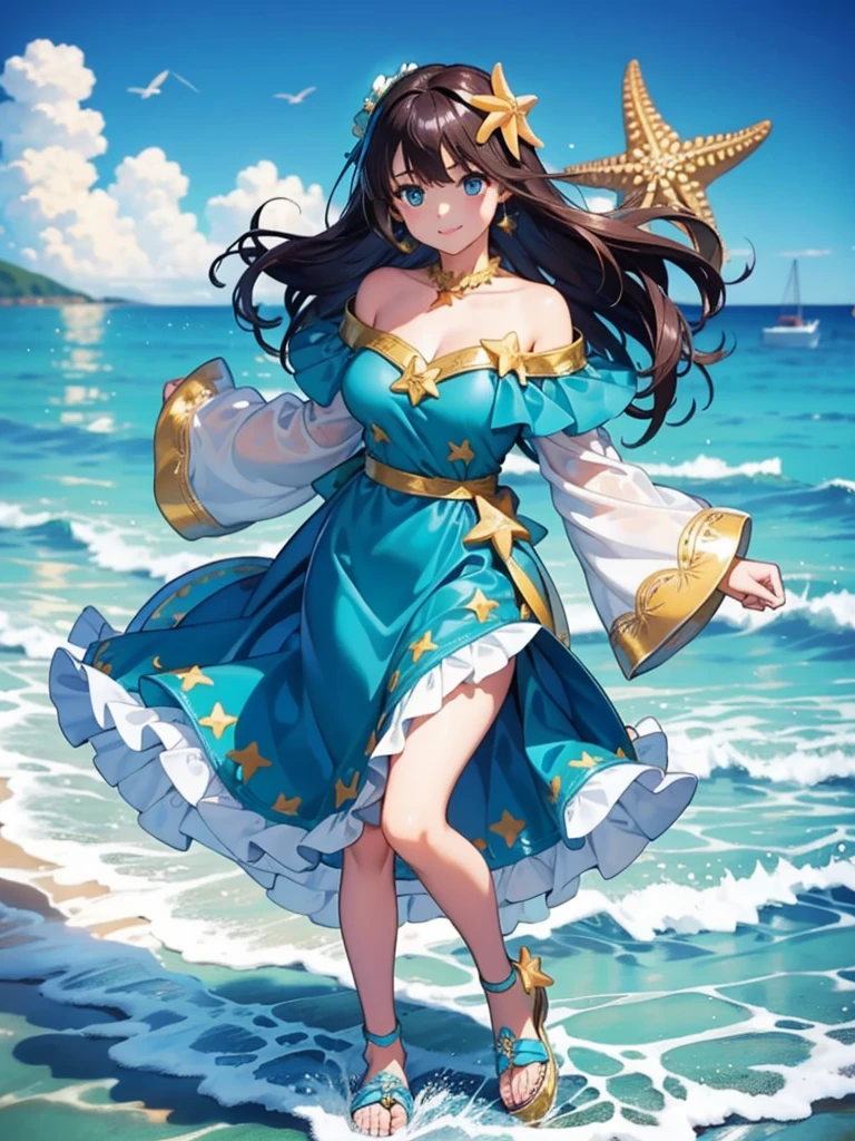 Woman, cute, adorable, full body, smiling, straight hair, long hair, black hair, standing,  full breasts, Marine Melody Idol-inspired costume, featuring motifs of seaside dreams with shells and starfish, with a color palette of turquoise and sun yellow, (one-piece), costume includes a fitted top with shell-shaped embellishments and starfish motifs in shimmering turquoise and gold, neckline is off-the-shoulder, adorned with delicate ruffles, skirt is a flowing, ankle-length design with layers of chiffon and satin, creating a breezy, oceanic effect, hemline features embroidered waves and pearl accents, platform sandals, Accessories include a headband and starfish earrings