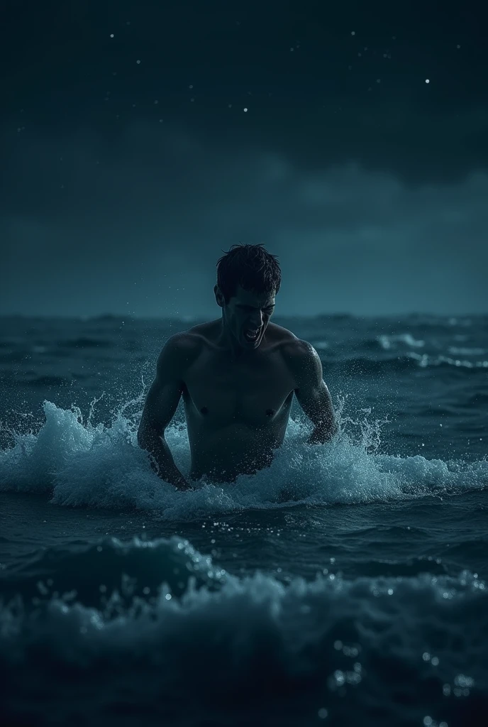 A person in the middle of de ocean at night panicking