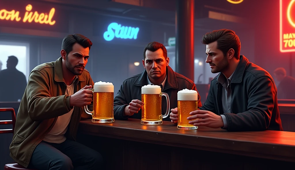 GTA 5, GTA 5 characters with beer mugs, in GTA 5 style,
