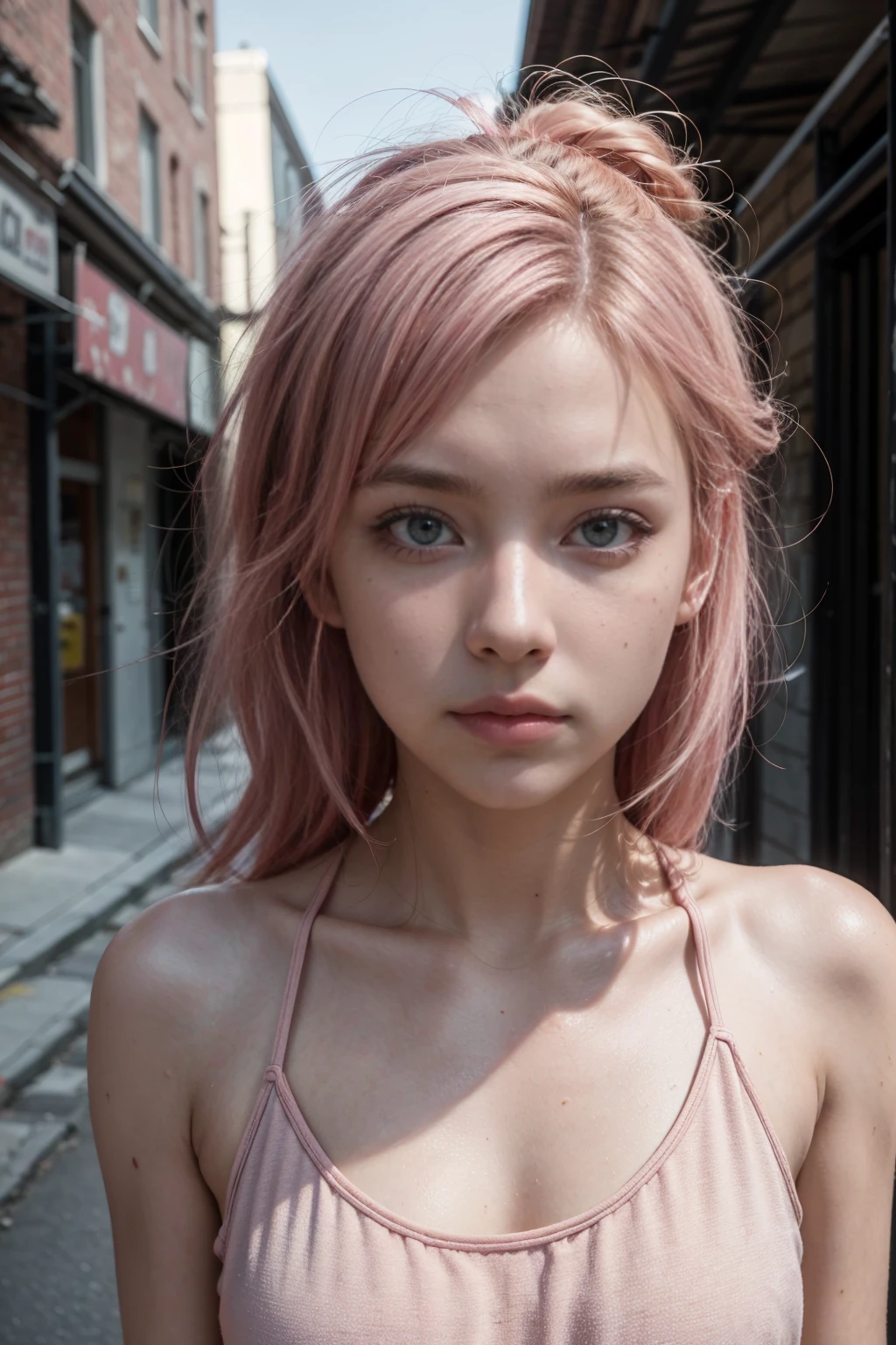 masterpiece,best quality,photo realistic,asda,face,1girl,head,thick lips, pink hair,sitting ,wet,shiny skin, mix4,