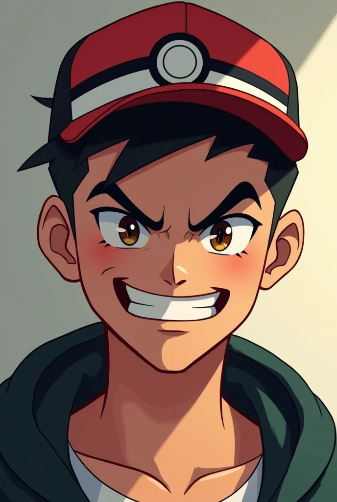 -up, Caucasian skin, Bblack hair, Scrawny, shaven hair, YouTube profile, with pokeball pokemon cap, 2d, Only from the neck up, evil grin 