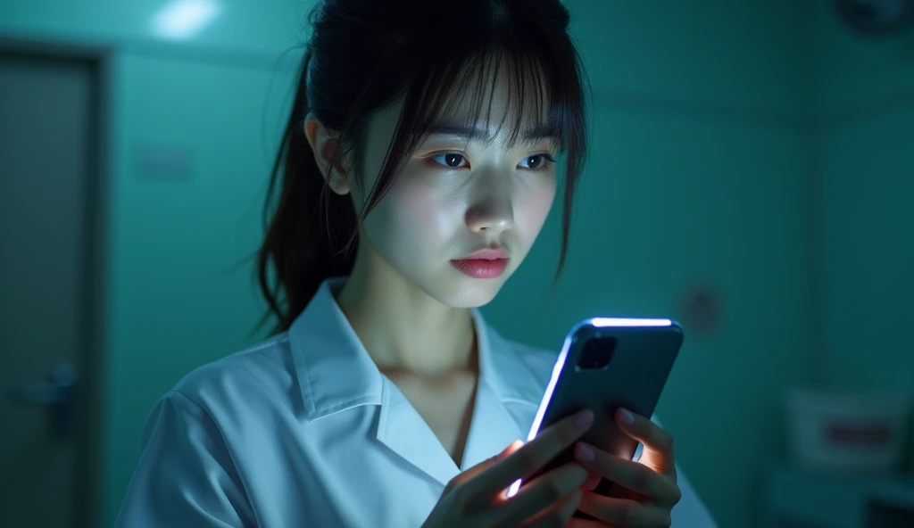 Create an image of an Asian female nurse addicted to online gambling,using phone