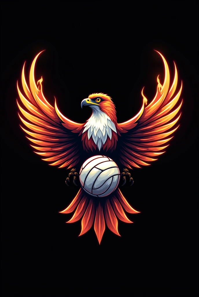 A logo for a volleyball team that is black and is confirmed by a Falcon, a volleyball and fire