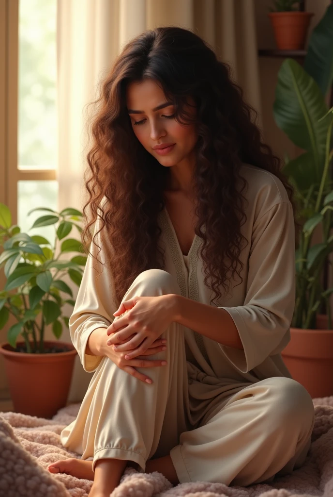 beautiful pakistani woman, pressing her calf with hands, wearing qameez, pajama pants, long curly hair, indoors, soft lighting, plants in background, window with sunlight, cozy room, realistic, intricate details, warm colors, she has pain