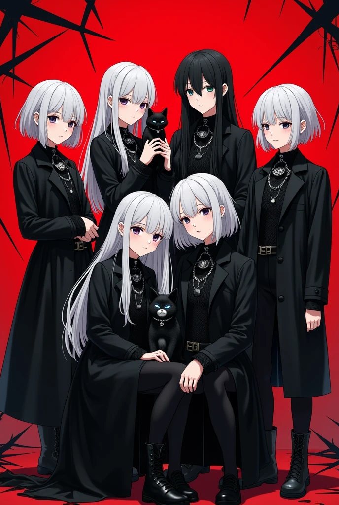 5 Japanese men and women aged 18 and 15 wearing all black gothic clothes with chain accessories and the women posing hugging, All four have different hair styles and white hair colors, red background, full body, 2 men are beside the women and one woman is holding a black cat, total 10 people